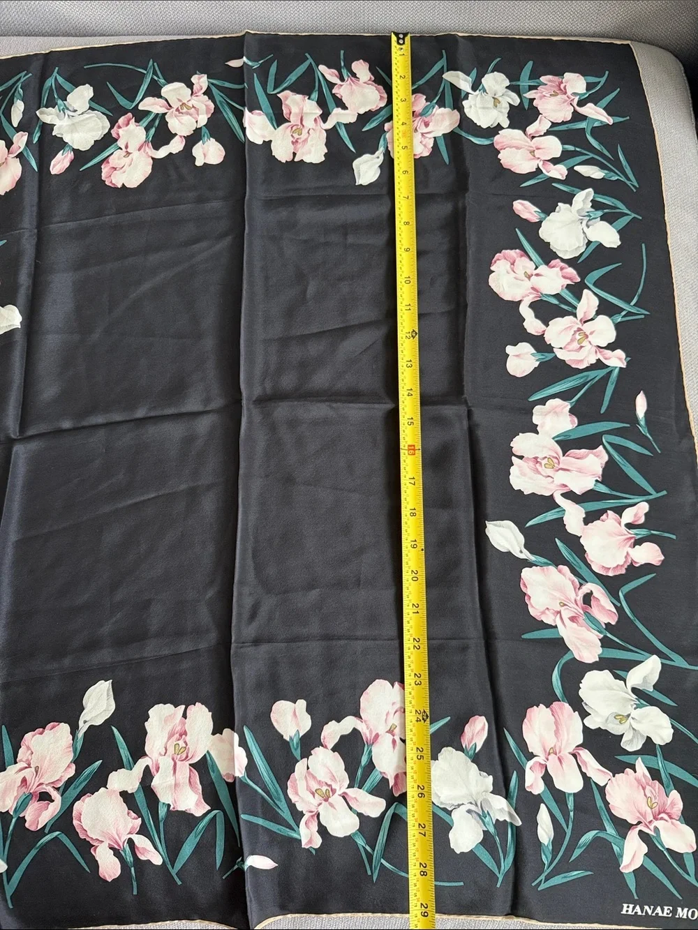 Hanae Mori Black Floral Silk Scarf - Pink & White Blooms 30 x 30